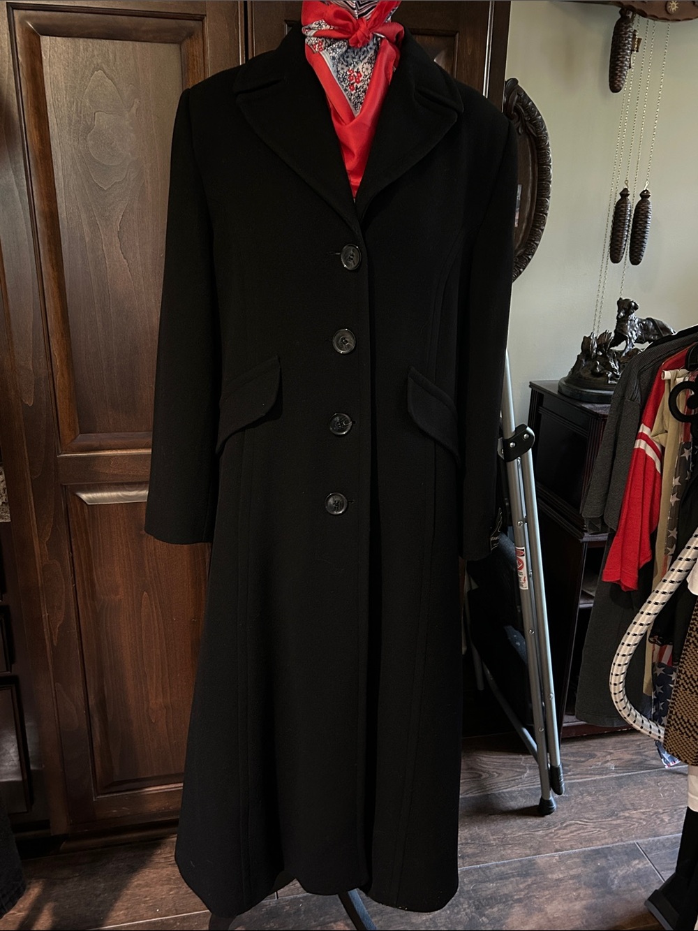 NWOT Sz 16P Kristen Blake Cashmere Classic Black Womens Long Wool Coat